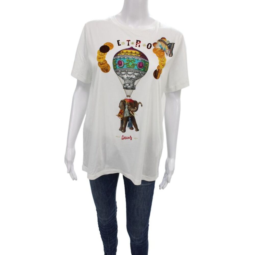 Etro Women Designer White Graphic T-Shirt Round Neck Short Sleeve Size S